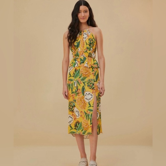 NWT Farm Rio Biriba Yellow Sleeveless Halter Peplum Midi Dress - Picture 1 of 11